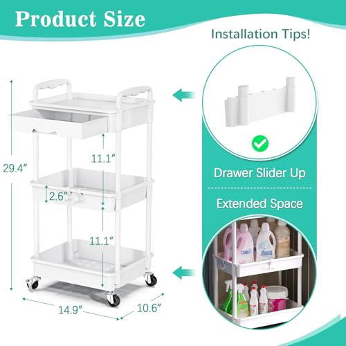 Modern SUNALLY 3 Tier Rolling Cart with Drawer, Bathroom Storage Organizer for Daily Use
